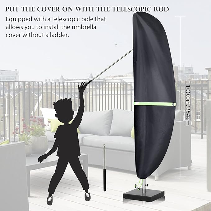 Cantilever Patio Umbrella Cover with Push Rod - Waterproof Patio Parasol Covers with Zipper for 9ft to 13ft Offset Outdoor Umbrellas