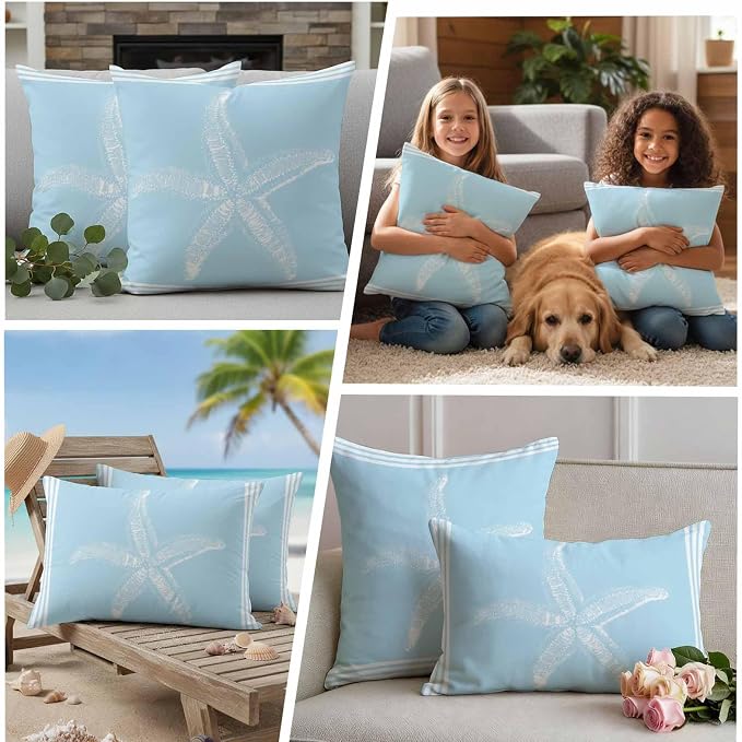 Coastal Starfish Outdoor Waterproof Throw Pillow Covers 18"x18" Set of 2, Ocean Starfish Summer Stripe Sky Blue Decorative Garden Pillowcase with Zipper Cushion Case for Patio Couch Tent