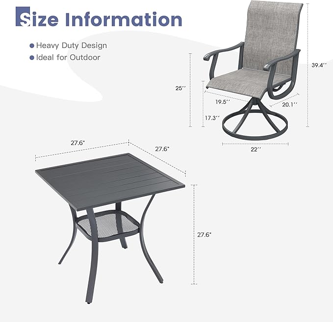 VICLLAX 3 Pieces Outdoor Dining Set, Patio Furniture Set of 2 Patio Swivel Dining Chairs and Small Dining Table with Storage Shelf, Grey Chairs & Dark Grey Frame