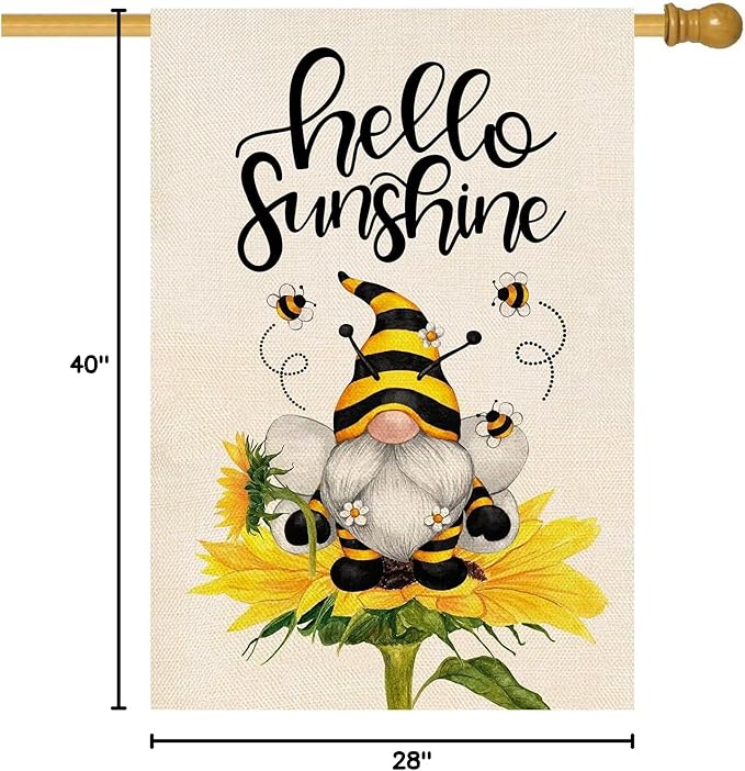 Baccessor Hello Sunshine Spring House Flag Sunflower Gnome Bee Funny Flag 28 x 40 Inch Double Sided Burlap Yard Large Spring Summer Flag for Outside Decor