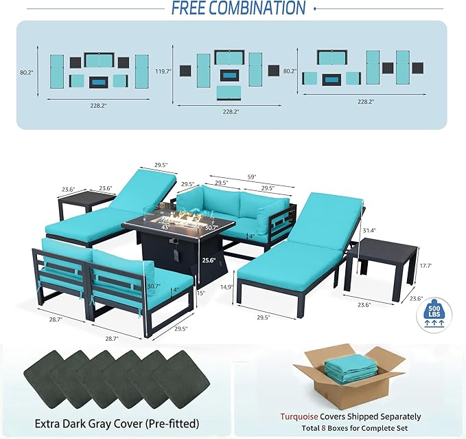 NICESOUL 9 Pcs Extra Large Contemporary Aluminum Outdoor Furniture Set with Chaise Lounge & Fire Pit Table, 29" Deep Wide Couch Set, 500 lbs Heavy Duty Comfy Patio Sectional Sofa for Poolside, Teal