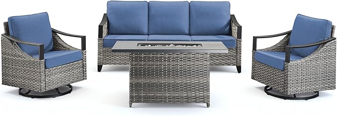 Wicker Patio Furniture Set with 42.5" Fire Pit Table-4 Pieces All Weather Wicker Outdoor Furniture with High Back Swivel Patio Chairs Set of 2 Outdoor Couch for Deck Balcony Backyard Blue/Gray