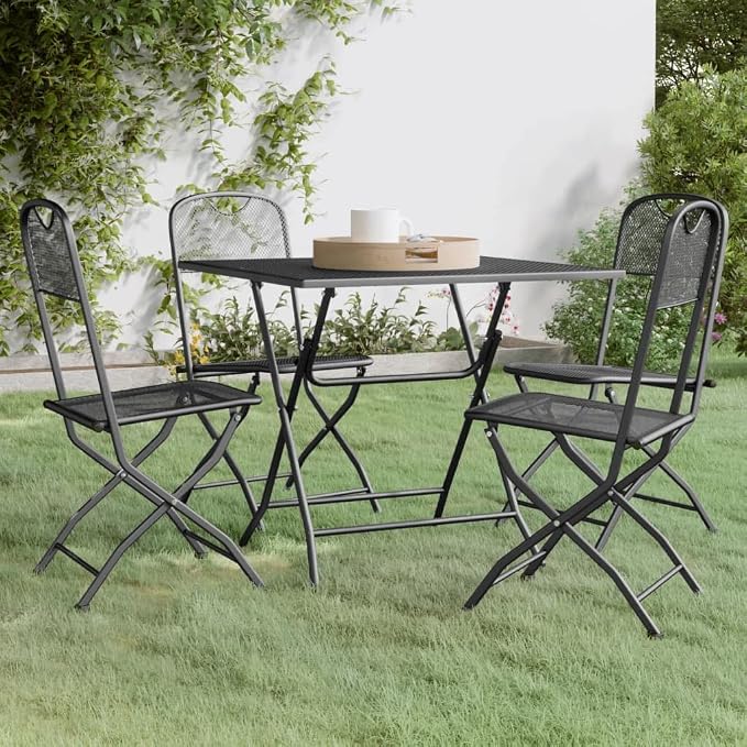 5 Piece Patio Dining Set Expanded Metal Mesh Anthracite | Foldable Design, E-Coating Finish, Weather-Proof, Space Saving for Outdoor Use