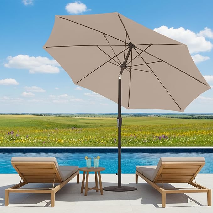 11FT Patio Umbrella, Outdoor Umbrella with with 8 Sturdy Fiberglass Ribs,Market Table Umbrella with Push Button Tilt and Crank,Suit for Backyard,Garden,Pool,Deck(Beige)