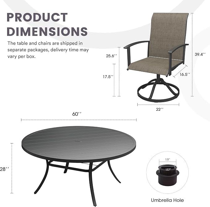 9 Pieces Outdoor Patio Dining Table Set, 60" All Weather Round Metal Table with Umbrella Hole and 8 High Back Textilene Swivel Chairs for Garden, Lawn, Poolside, Black Table & Brown Chairs