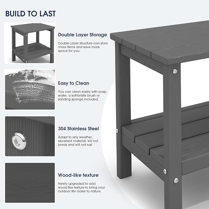 KINGYES Outdoor Side Table Set of 2, Double Layer Adirondack End Table- Gray