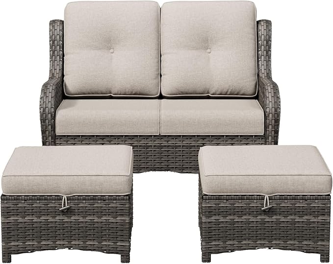 3-Piece Outdoor Couch Set, 1 Wicker Patio Loveseat with Thickened Olefin Cushions, High Back and Deep Seating, Hand-Woven PE Rattan and 2 Ottomans, Patio Conversation Set for Porch, Deck
