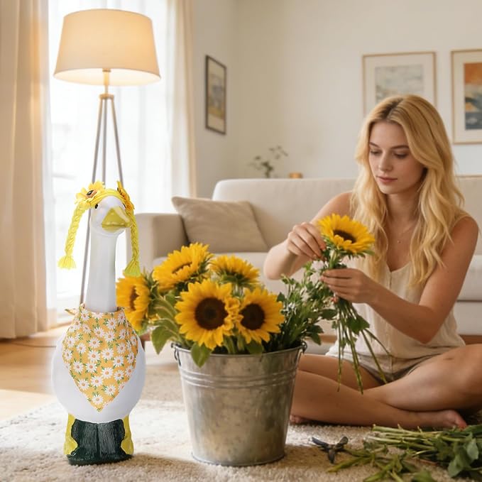 4pcs Sunflower Porch Goose Outfit for 23 Inch Geese Lawn | Summer Porch Goose Clothes with Polka Dot Dress Floral Bandana Yarn Braid Wig Sunflower Prop for Patio Yard Decor