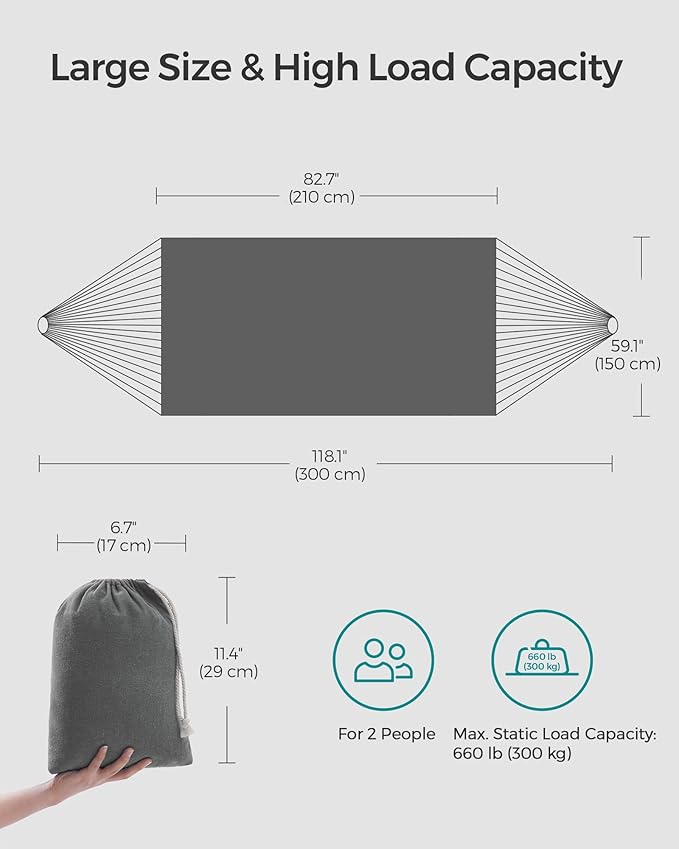 SONGMICS Double Hammock, 98.4 x 59.1 Inches, 660 lb Load Capacity, with Compression Bag, Mounting Straps, Carabiners, for Terrace, Balcony, Garden, Outdoor, Camping, Gray UGDC15GY