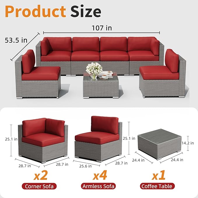 Oakcloud 7-Piece Outdoor Patio Furniture Sofa Set Grey Rattan Wicker Sectional Conversation Sets with Glass Top Table and Cushions(Red)