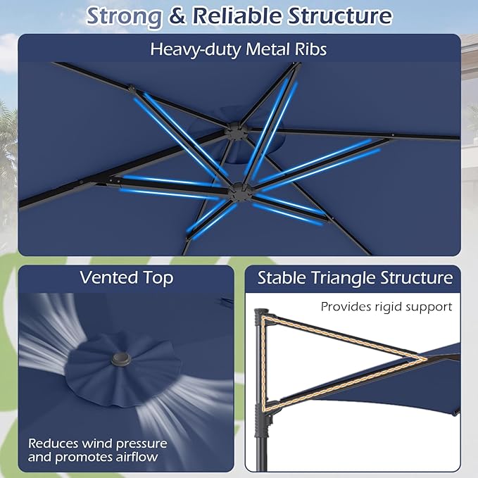 Tangkula 10FT Patio Umbrella, Offset Cantilever Outdoor Umbrella with 360 Degree Rotation, Air Vent, Cross Base for Pool Deck Garden Backyard (Navy)