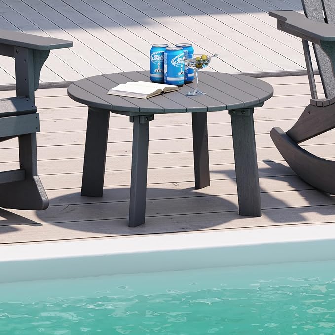 31.5" Outdoor Round Coffee Table, Adirondack Patio Coffee Table, Outdoor Large Side Table for Balcony Lawn (Grey)
