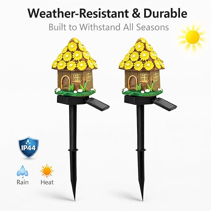 Solar Garden Lights Outdoor, 2 Pack Decorative Solar Daisy Cottage Pathway Lights Waterproof, Resin Fairy Garden Lights for Yard Lawn Patio Decor