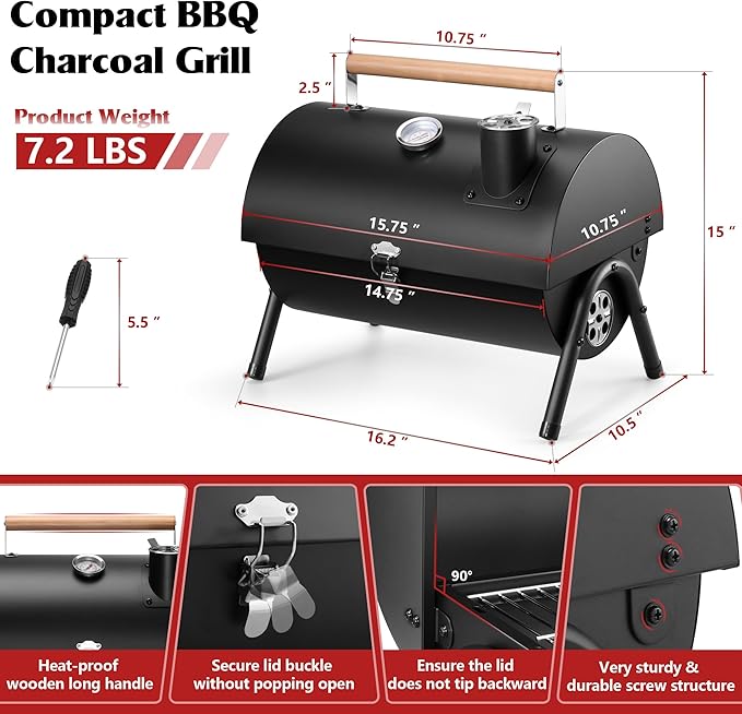 Portable Charcoal Grill with Thermometer, HaSteeL Small Tabletop Barbecue Grill Smoker for Outdoor Camping Backyard Beach BBQ, 117 Square Inches Cooking Area, Thick Steel, Screwdriver, Black