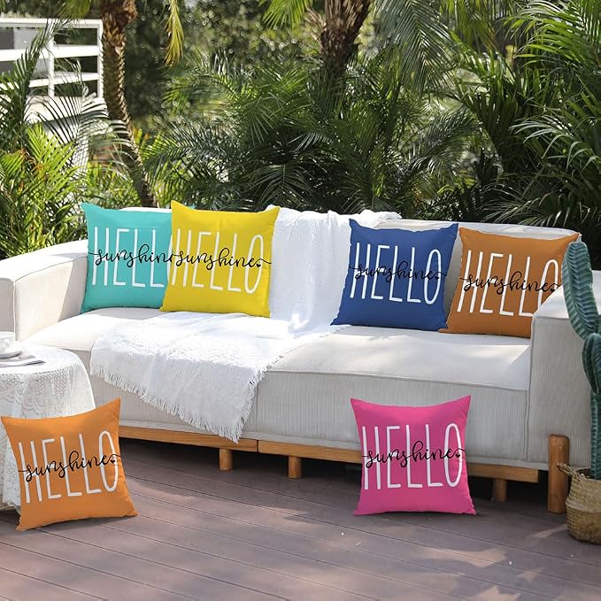 DFXSZ Navy Blue Outdoor Waterproof Pillow Covers 16x16 Set of 2 | Hello Sunshine Decor Spring Summer Polyester Pillow Covers(NO INSERTS)| Decor for Patio Funiture Garden Sofa Couch