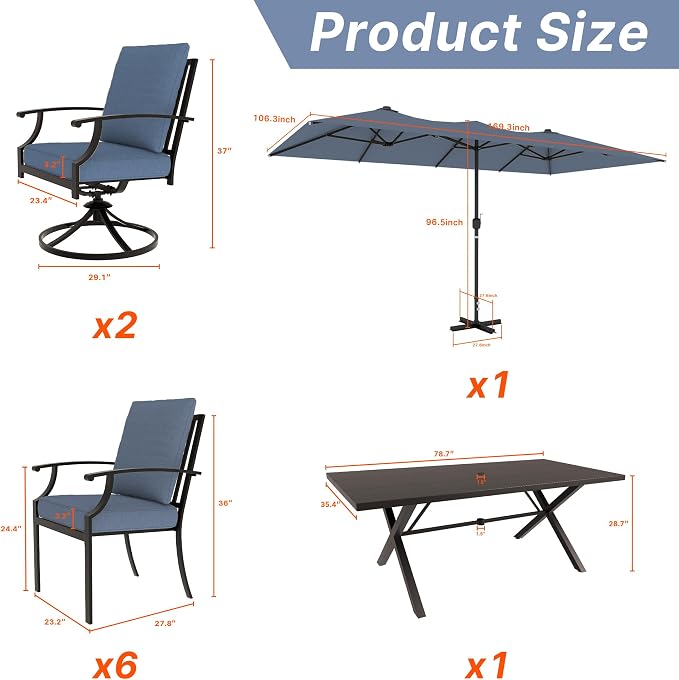 Gotland 9 Piece Outdoor Dining Table and Chairs for 8 with 14Ft Double-Sided Umbrella, Rectangular Patio Dining Table with Umbrella Hole with 2 Swivel Rocking Dining Chairs Outdoor Patio Set