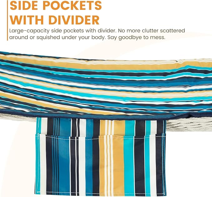 Lazy Daze Hammocks 2 Person Pad with Pillow, Double Polyester Quilted 78" x55" Replacement Hammock Pad for Rope Hammock, Blue Stripes