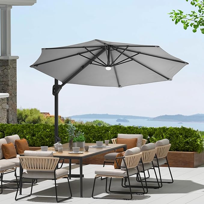 10 Ft Offset Patio Umbrella with Base Included, Round Cantilever Umbrella with UV Protective And Water Resistant Canopy, 360° Rotation, Integrated Tilting System, Beige