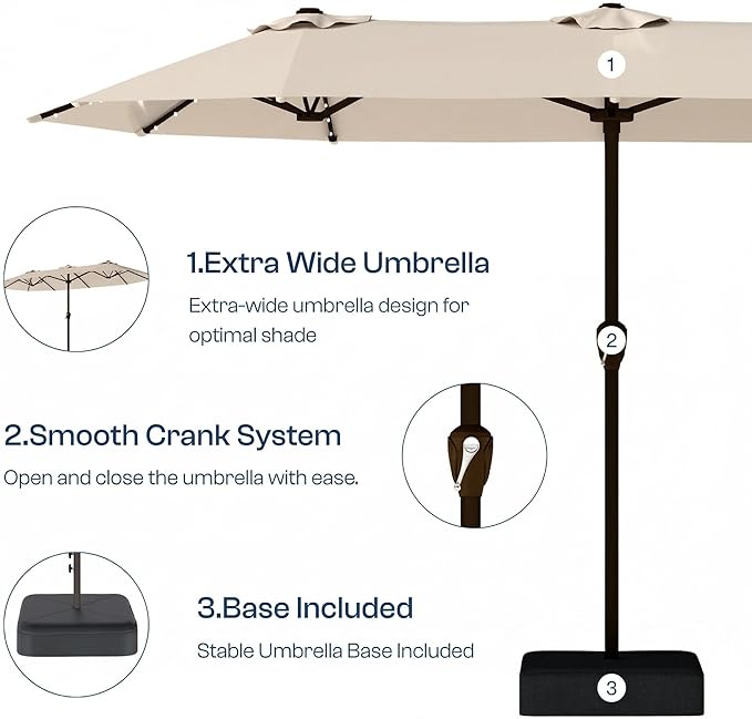 15FT Patio Umbrella with Solar Lights, Double-Sided Extra Large Outdoor Table Umbrella with Base Included, Heavy-Duty 12 Iron Ribs Market Umbrella for Garden, Pool, Backyard, Beige