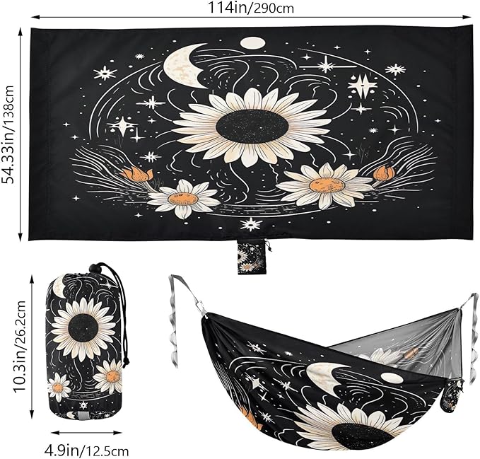 Qilmy White Sun Flower Camping Hammock Single – 330 lbs Capacity, Lightweight with Tree Straps & Carabiners, Portable for Hiking, Travel, Backpacking
