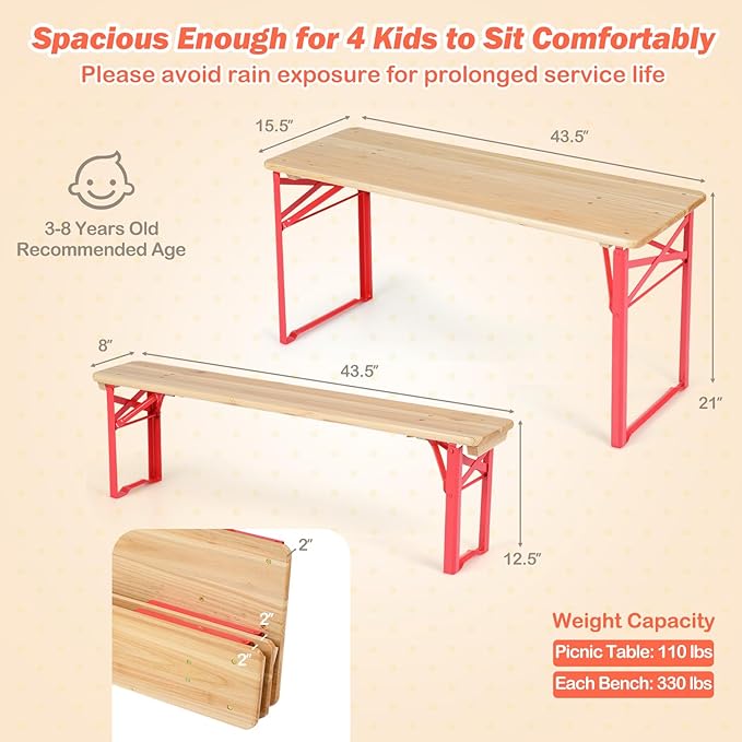 Costzon Kids Picnic Table, 43.5 Inch Folding Picnic Table with 2 Benches, Fir Wood Top & Metal Frame, No Assembly 3-Piece Portable Kids Indoor/Outdoor Furniture for Patio Backyard Daycare (Red)