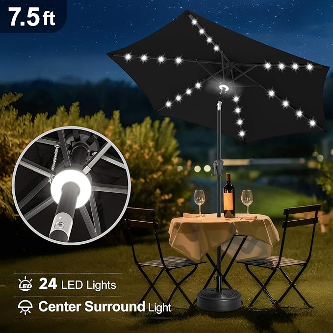 FLAME&SHADE 7.5 FT Solar Light Patio Umbrella, 24 LED Lights Outdoor Umbrella with Centre Surround Light, Table Umbrella Outdoor Patio for Deck, Pool, Backyard, Garden, UV Protection (Black)
