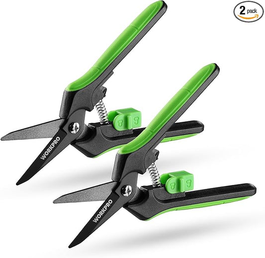 WORKPRO 2-Pack 6-Inch Garden Pruning Shears, Sharp High-Carbon Steel Harvest Snips with Nonstick Coated Blade, Spring-Loaded Gardening Scissors with Safety Lock for Flower, Fruit & Vegetable Picking