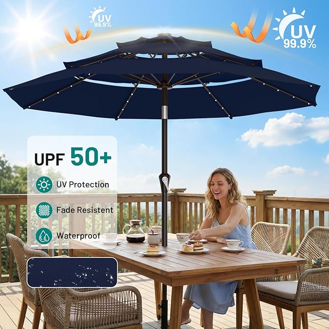 AreShark 9ft 3 Tiers Patio Umbrella with Solar Lights, Outdoor Umbrella w/ 32 LED Lights&8 Sturdy Ribs, Table Umbrella for Deck, Backyard, Pool (Navy)