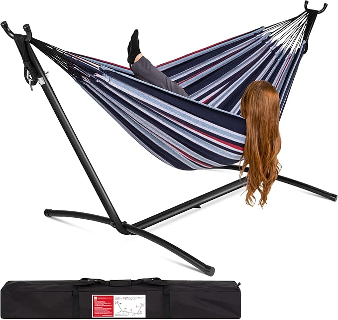 Best Choice Products Double Hammock with Steel Stand, Indoor Outdoor Brazilian-Style Cotton Bed w/Carrying Bag, 2-Person Capacity - Abyss
