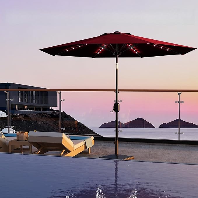 10 ft Patio Umbrella with Solar Lights, Outdoor LED Lighted Umbrella, 40 LED Lights & Tilt Crank, 8 Ribs for Poolside, Deck, Backyard