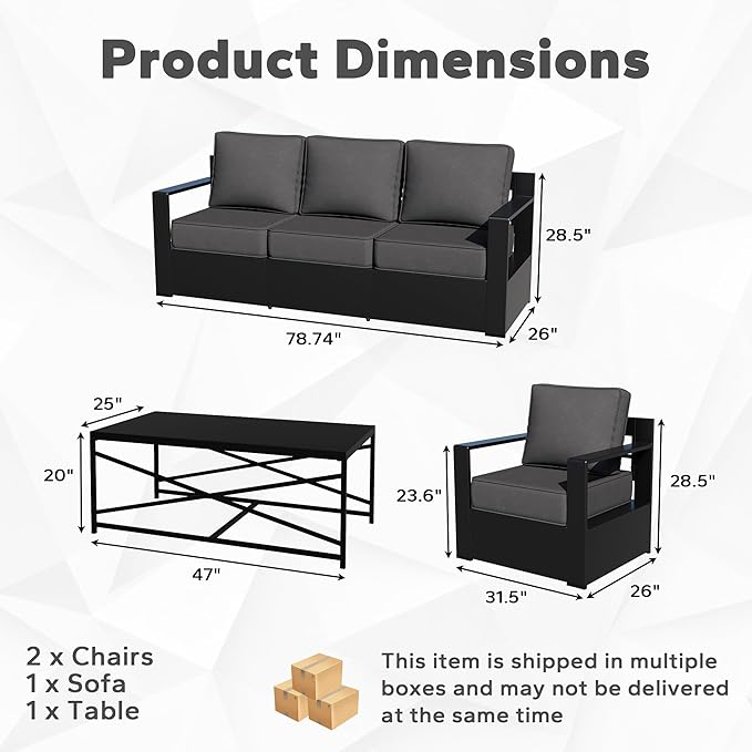 Outdoor Aluminum Furniture Set, 4-Piece Patio Conversation Set, 2 Chairs, 1 Sofa and 1 Table, All-Weather Metal Frame, 6" Thick Removable Cushions, Deep Setting for Garden, Poolside and Porch