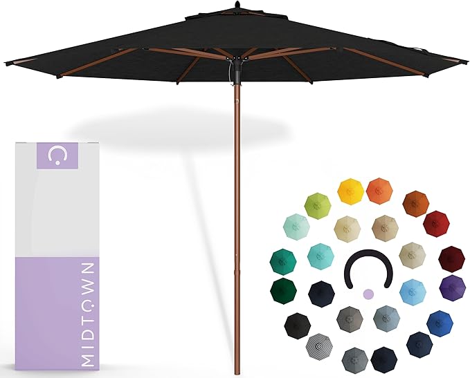 Midtown Umbrellas The Wooden 10 Feet Patio Umbrella With Sunbrella Spectrum Carbon Acrylic Fabric - Aluminum Frame Market Umbrella For Backyard, Deck, Garden, Pool - Wooden Pole