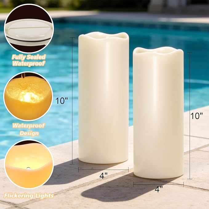Eldnacele Large Outdoor Solar Flameless Candles Waterproof, 4" x 10", Solar Powered Dusk to Dawn Plastic LED Flickering Pillar Candles for Garden Patio Lanterns Wedding Holiday Decor(2 Pack White)