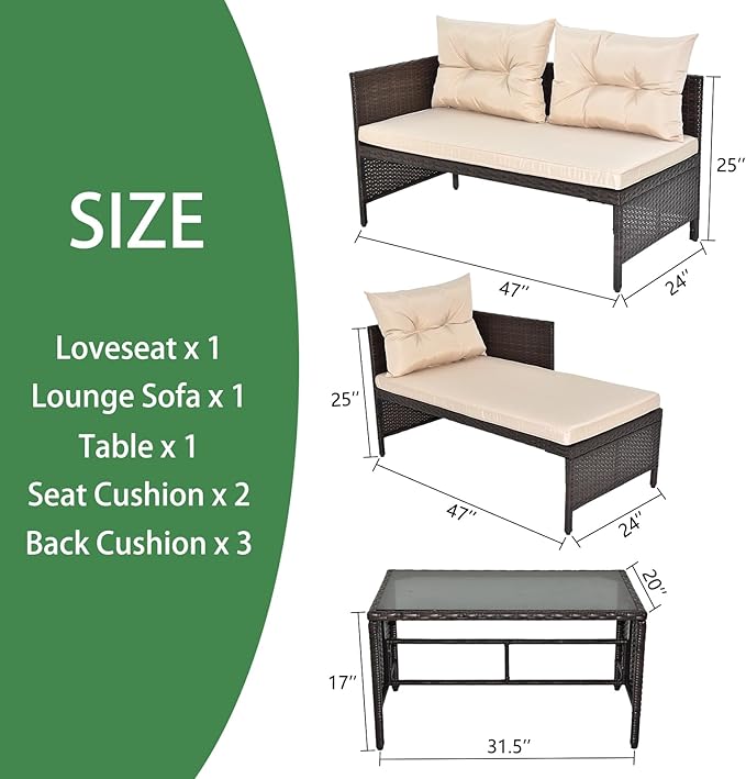 3 Piece Outdoor Patio Furniture Set, Rattan Wicker Sofa Set, Outdoor Furniture Chair Set with Tea Table, Sofa Set, Outdoor Furniture Rattan Patio Conversation Set with Coffee Table