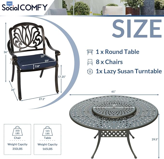 9-Piece Patio Cast Aluminum Dining Set, 8 Person Outdoor Dining Furniture Set, Includes 8 Cushioned Chairs and 61" Large Round Dining Table with 31" Lazy Susan, Umbrella Hole, Navy Blue