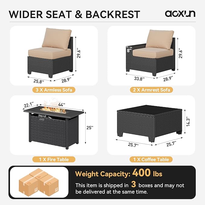 Aoxun Patio Furniture Set with 44'' Fire Pit Table, 7 Pcs Outdoor Patio Furniture Sets with 4in Thicken Cushion, Widen Armrests Wicker Outdoor Sectional for Backyard