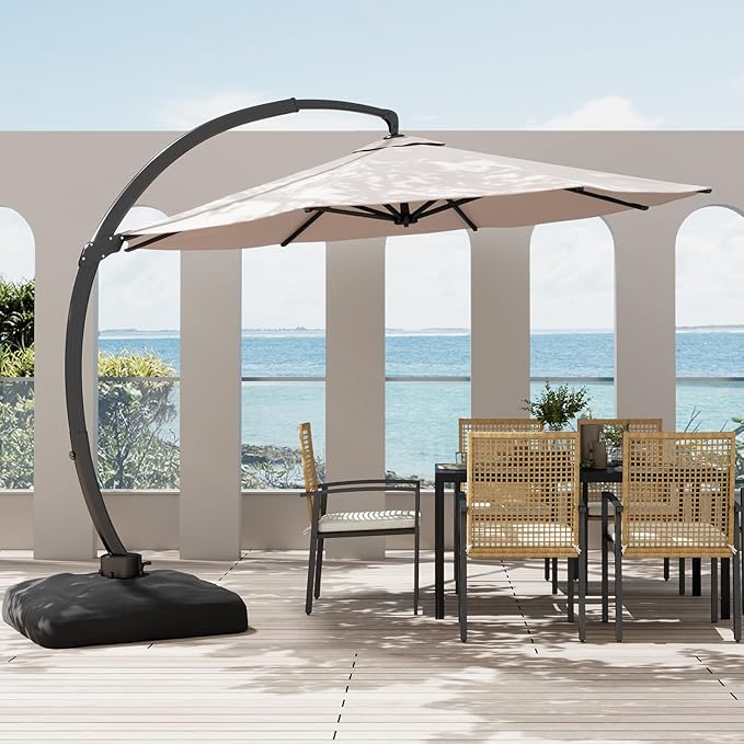 12FT Cantilever Patio Umbrella with Base Included, Large Cantilever umbrella with 360°Rotation, Heavy-Duty Offset Outdoor Umbrella for Patio,Pool,Garden and Backyard (Champagne)