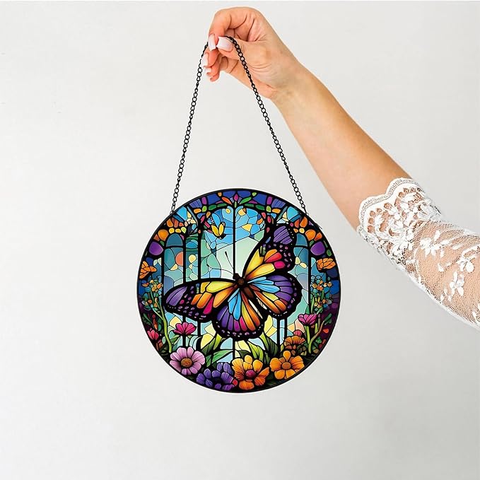 Colorful Butterfly Suncatcher -7.9 in Stained Glass Window Hanging Sun Catcher Garden Decor