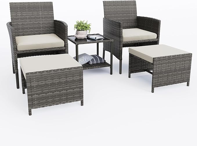 UDPATIO Outdoor Furniture Patio Chairs with Ottoman, Ideal for Balcony, Porch, 5 Piece Patio Furniture Set with Side Table for Deck, Apartment