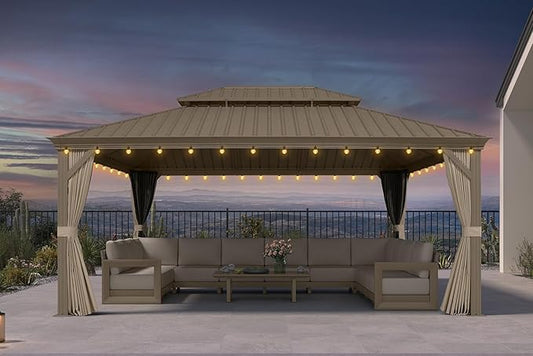 PURPLE LEAF Outdoor Gazebo 13'X17'，Champagne Hardtop Gazebo with Galvanized Steel Double Roof, Permanent Patio Gazebo with Curtains and Netting for Patio Lawn Garden and Deck