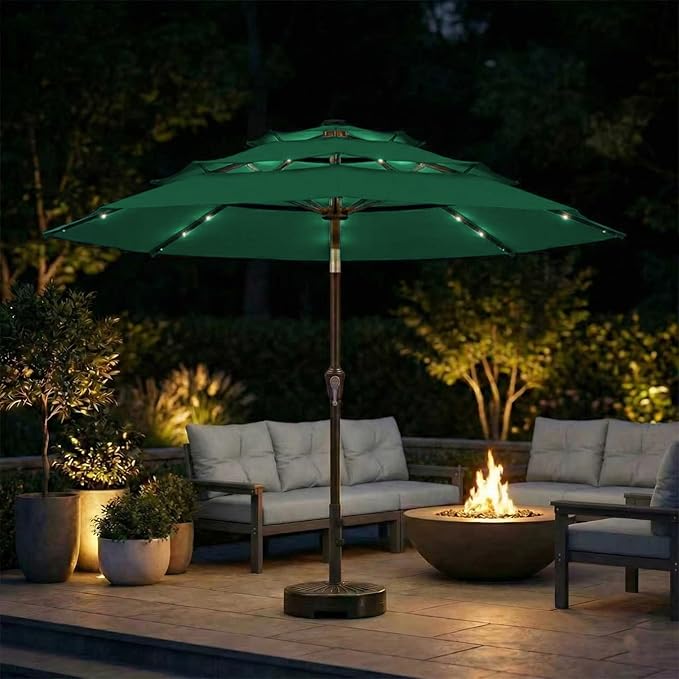 10ft 3-Tier Patio Umbrella with 32 Solar Powered LED Lights, Windproof Outdoor Market Umbrella for Deck, Poolside & Garden, Sturdy Push-Button Tilt Table Umbrella, Forest Green