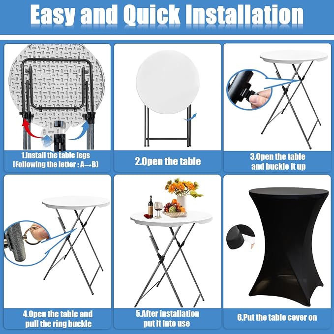 2Sets 32in Hightop Folding Cocktail Tables+Covers-Spandex Stretch Folding Tall Bar Table Covers, Detachable Legs Bar Height Folding Table Outdoor Indoor Use (Black/2 Tables+2 Covers)