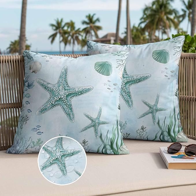 Coastal Starfish Waterproof Outdoor Pillow Covers Set of 2 Home Decor, Nautical Coral Tropical Fish Seashells Pillowcase Patio Pillow Covers for Couch Bench Furniture Garden 24x24in