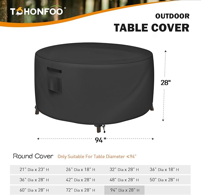 Round Patio Table Cover, Outdoor Table Covers Waterproof, UV Resistant Outdoor Lawn Patio Furniture Covers, 94" DIA x 28" H
