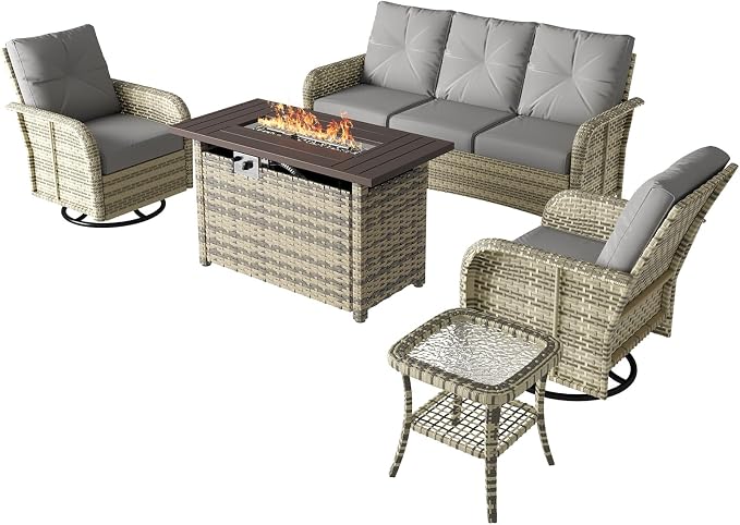 LazySunsets 7 Piece Outdoor Patio Furniture Set with 44'' Fire Pit Table, Wicker Rattan Outdoor Furniture with High Back Swivel Rocker Chairs, Outdoor Sofa Set with Thick Cushions, Grey