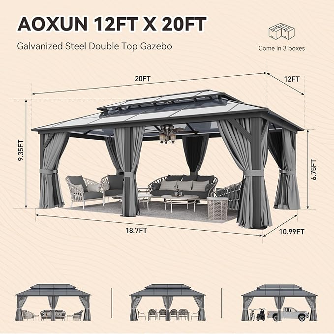 Aoxun 12'x20' Hardtop Gazebo, Outdoor Metal Gazebo with Double Polycarbonate Roof Canopy, Permanent Pavilion with Netting and Curtains for Lawn, Garden, Patio (Gray)