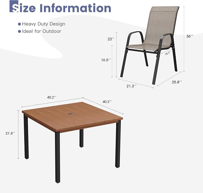 VICLLAX Square Outdoor Patio Dining Set, Metal Slatted Patio Table with Umbrella Hole and 4 Stackable Patio Chairs for Deck Lawn Garden, Brown Fabric and Walnut Tabletop