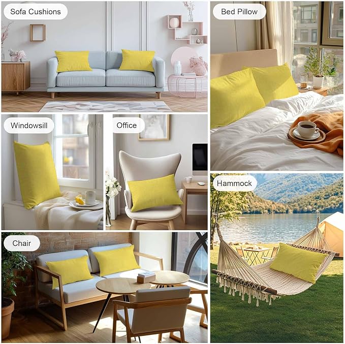 Pack of 2 Waterproof Outdoor Pillow Covers 20x12 Inch Decorative Pillow Covers Yellow Burlap Texture Throw Pillowcases Farmhouse Vintage Yellow Outdoor Cushion Cover for Couch, Patio, Tent