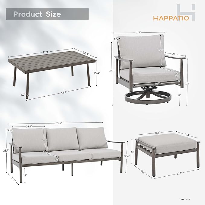 HAPPATIO Patio Outdoor Furniture Set - 6 Pieces Aluminum Outdoor Conversation Set with 1 Three-Seater Sofa, 1 Coffee Table, 2 Swivel Chairs, and 2 Ottomans for Yard, Porch, and Deck (Grey)