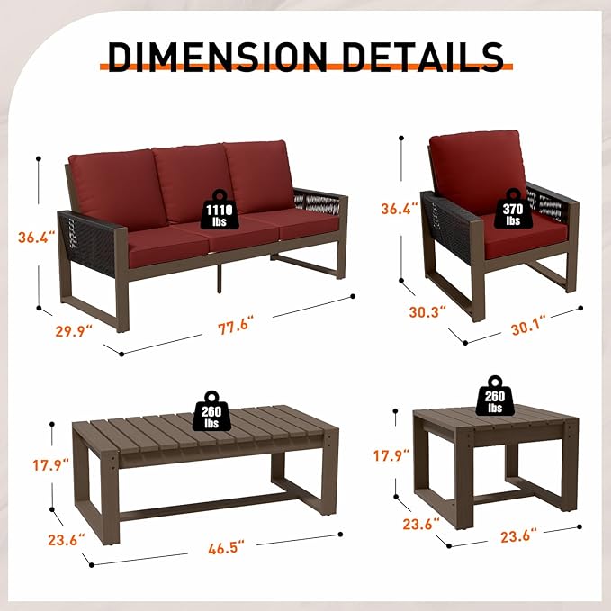Rustic Hideaway Natural Cedar Wood Outdoor Furniture Set, Wicker Patio Conversation Set for Porch Garden Backyard, Couch, 2 Patio Chairs, Tables, 5 Piece, Brownish/Red